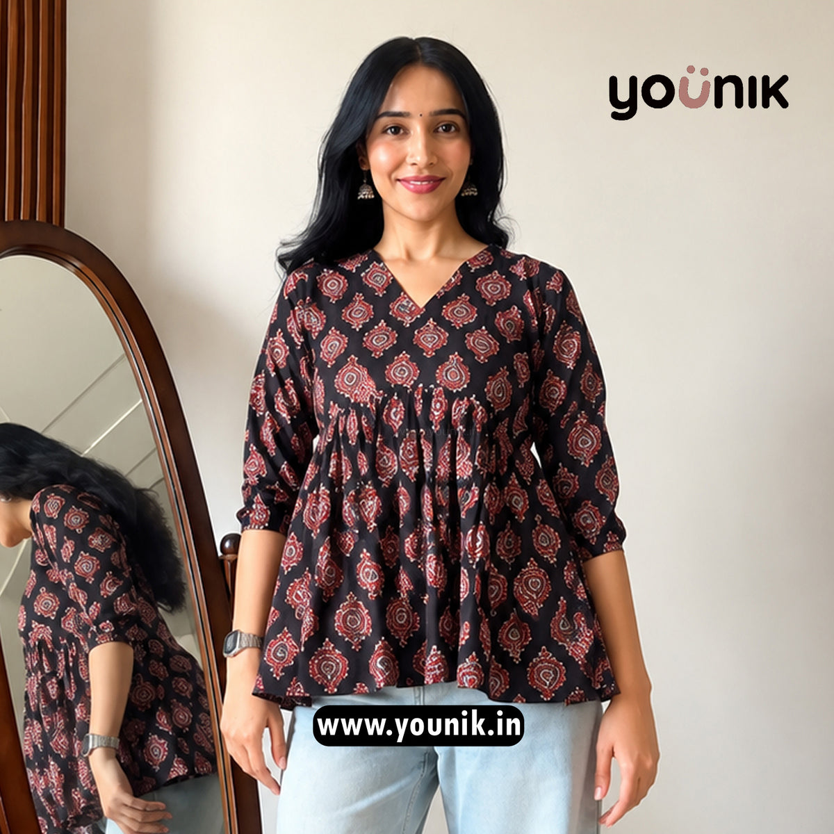 Black And Maroon Printed Peplum Style Short Kurti