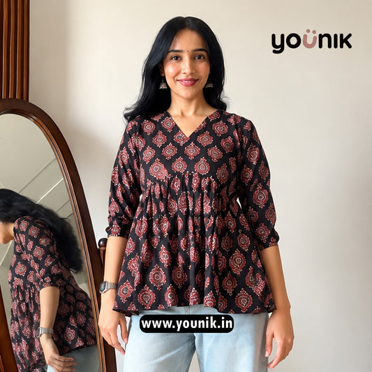 Black And Maroon Printed Peplum Style Short Kurti