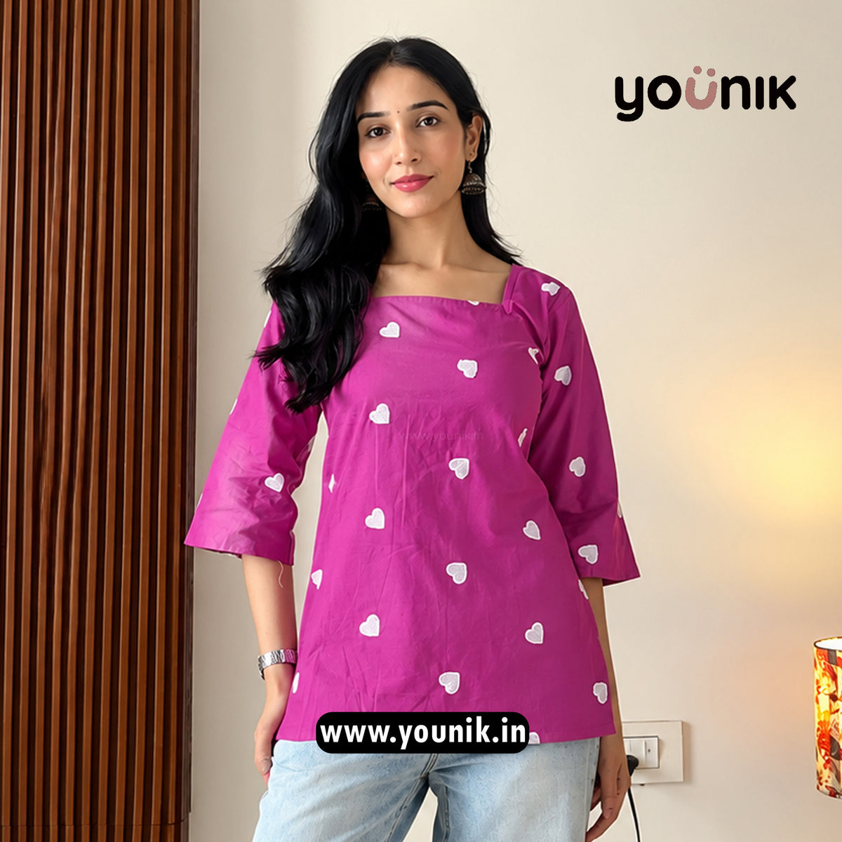 Fuchsia Pink Heart Embroidery Worked Pure Cotton Short Kurti