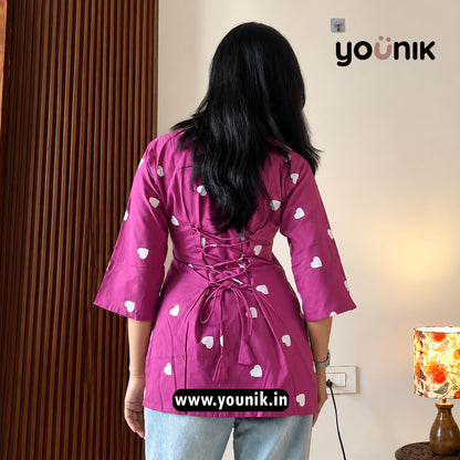 Fuchsia Pink Heart Embroidery Worked Pure Cotton Short Kurti