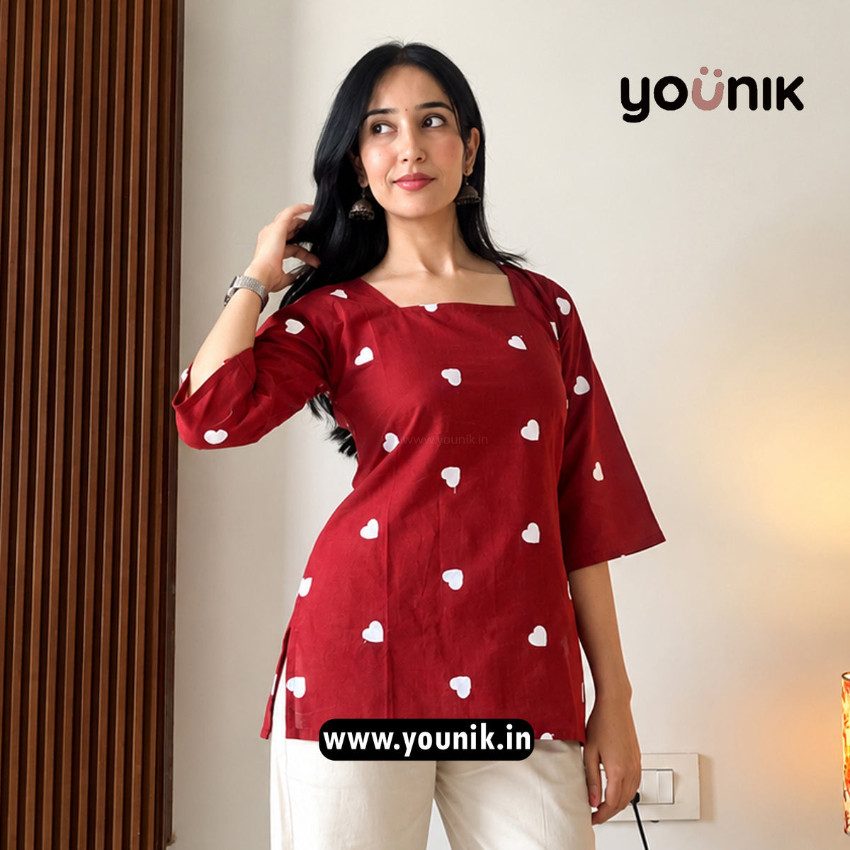 Maroon Heart Embroidery Worked Pure Cotton Short Kurti