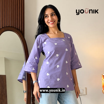 Lavender Heart Embroidery Worked Pure Cotton Short Kurti