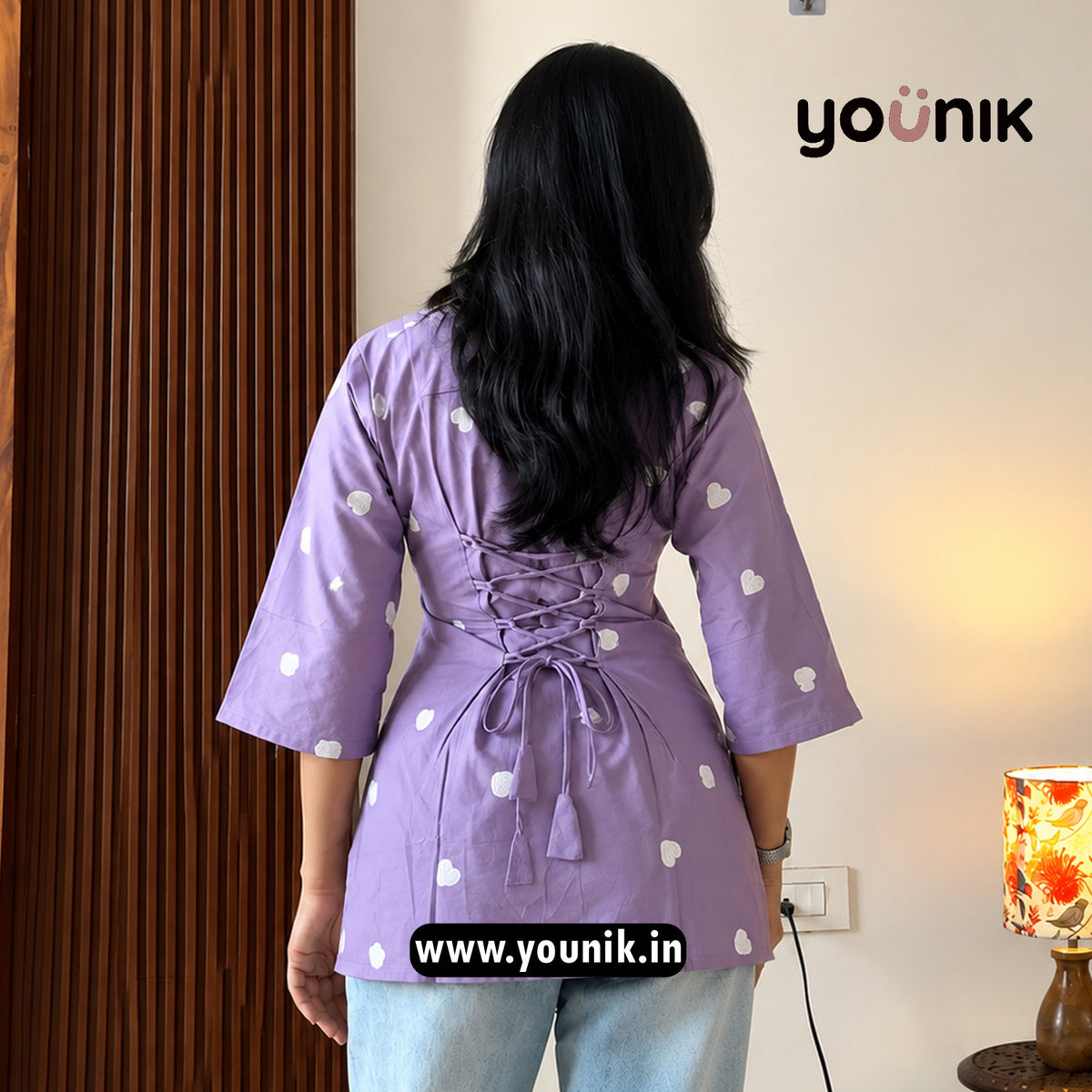 Lavender Heart Embroidery Worked Pure Cotton Short Kurti