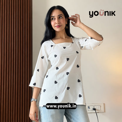 White Embroidery Heart Worked Pure Cotton Short Kurti
