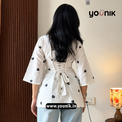 White Embroidery Heart Worked Pure Cotton Short Kurti