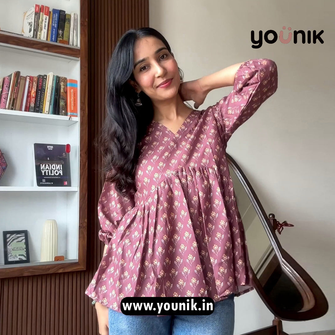 Dusty Rose Floral Printed Peplum Short Kurti