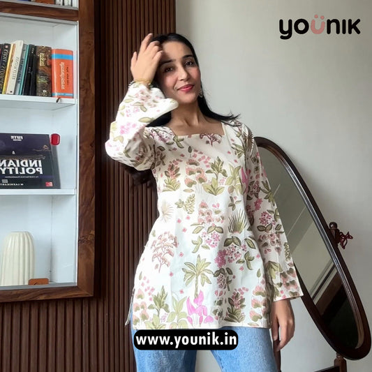 Off White Floral Print Pure Cotton Bell Sleeve Short Kurti