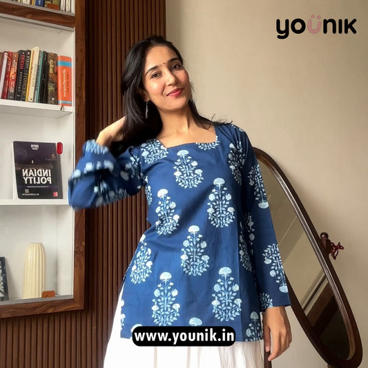 Indigo Blue Floral Print Cotton Short Kurti