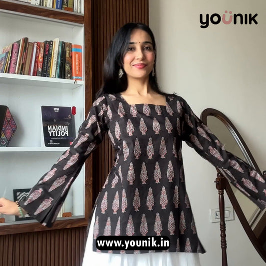 Black Handblock Printed Pure Cotton Square Neck Short Kurti