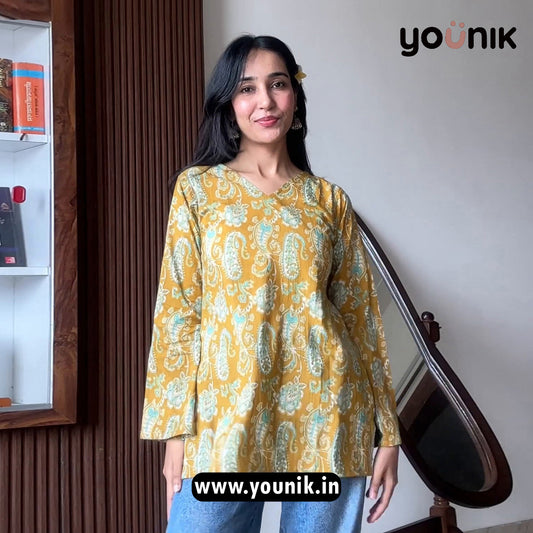 Mustard Yellow Paisley Print Pure Cotton Short Kurti