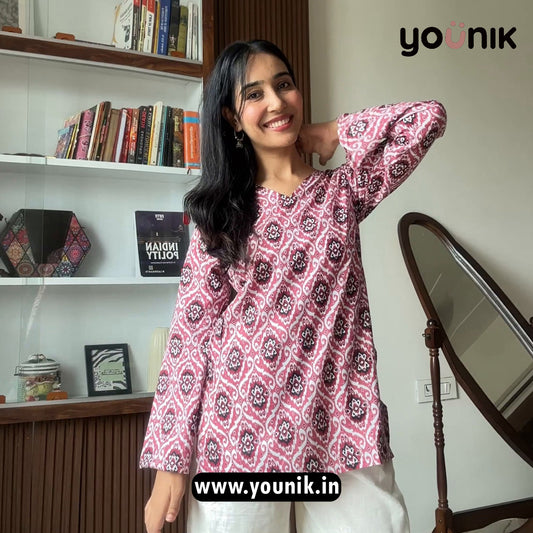 Pink Ikat Print Pure Cotton Short Kurti