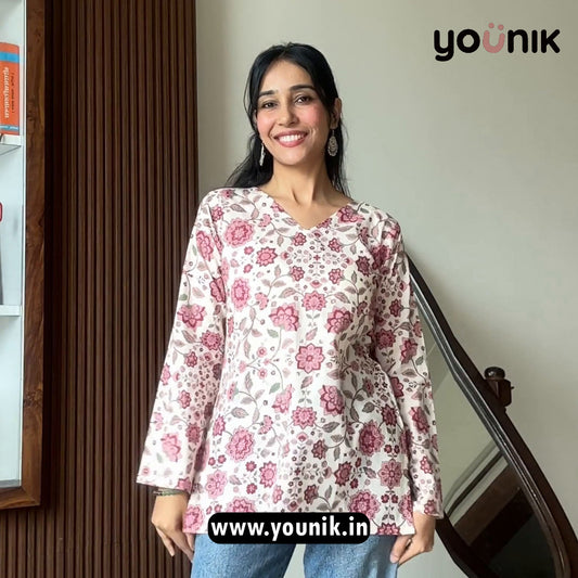Off White And Maroon Floral Print Pure Cotton Short Kurti