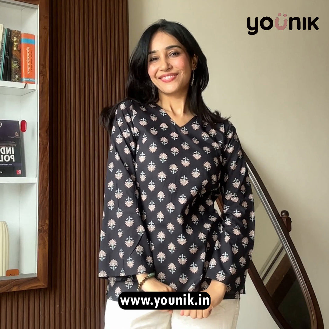 Metal Black Hand Block Printed Pure Cotton Short Kurti