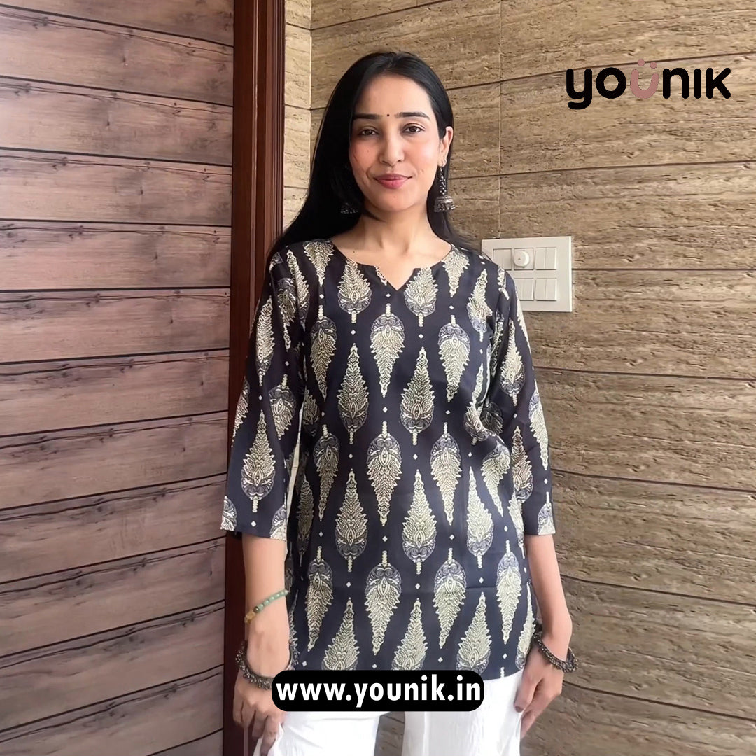 New Black Printed Cotton Short Kurti