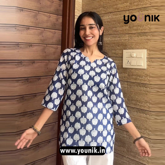 Navy Blue And White Cotton Short Kurti