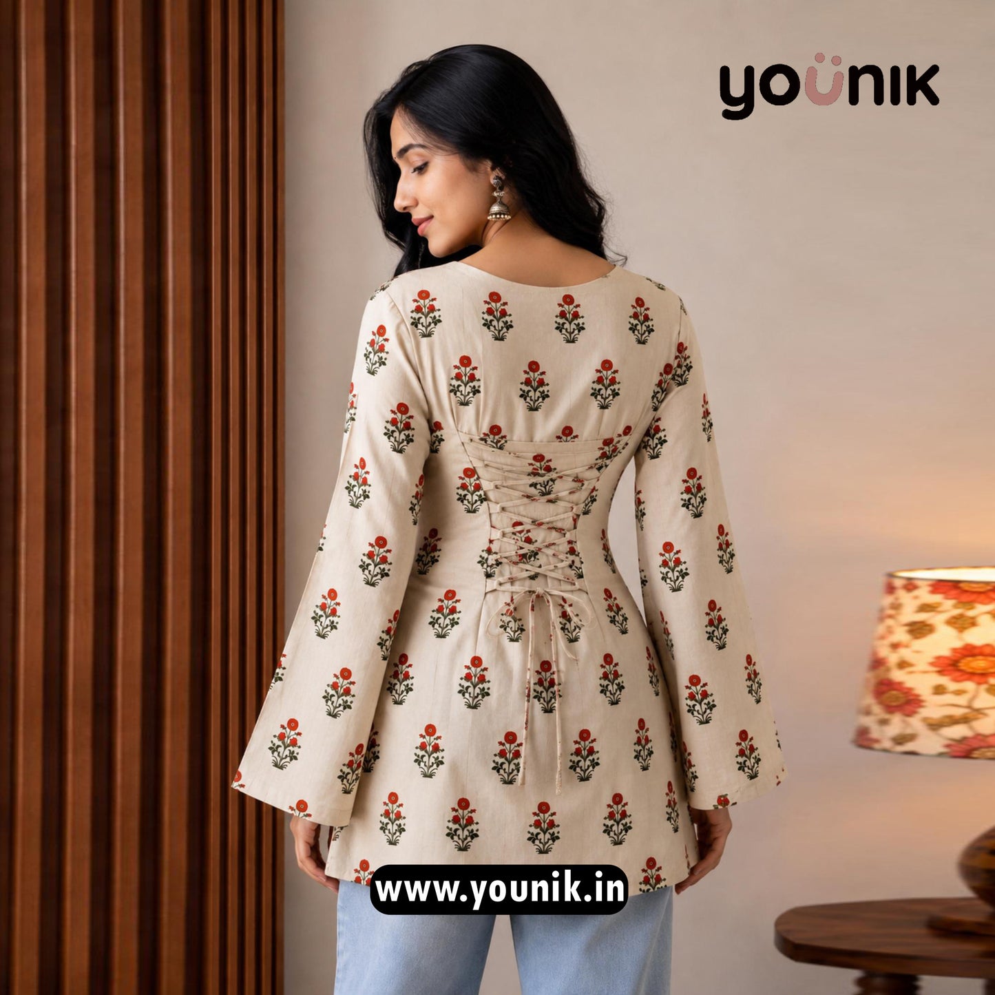 Cream And Red Floral Printed Corset Back Bell Sleeve Short Kurti