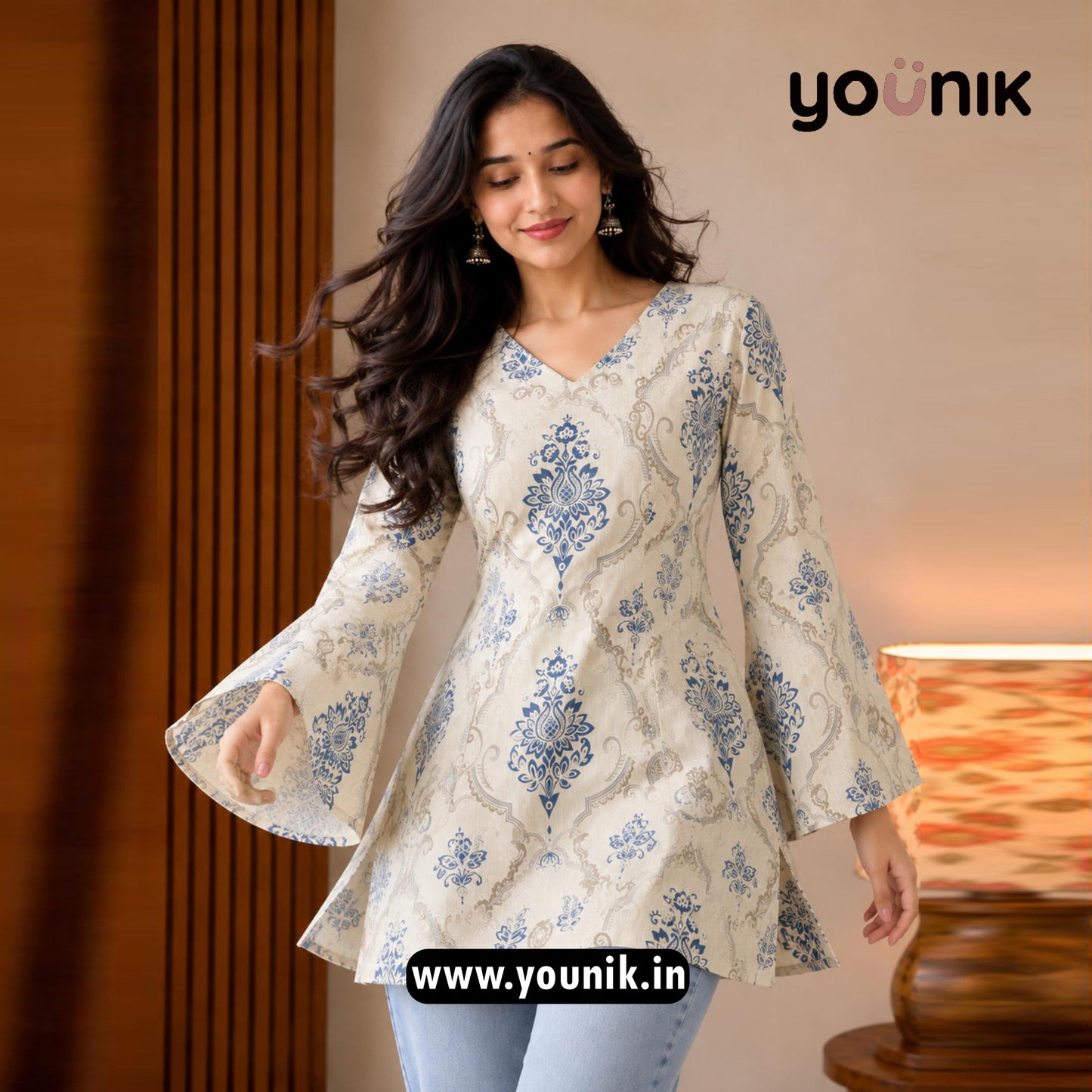Cream And Blue Ethnic Printed Corset Back Bell Sleeve Short Kurti