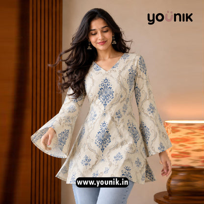 Cream And Blue Ethnic Printed Corset Back Bell Sleeve Short Kurti