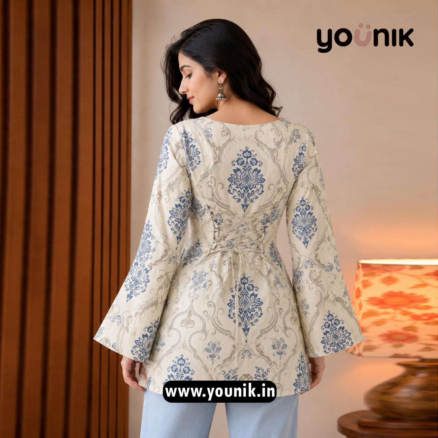 Cream And Blue Ethnic Printed Corset Back Bell Sleeve Short Kurti