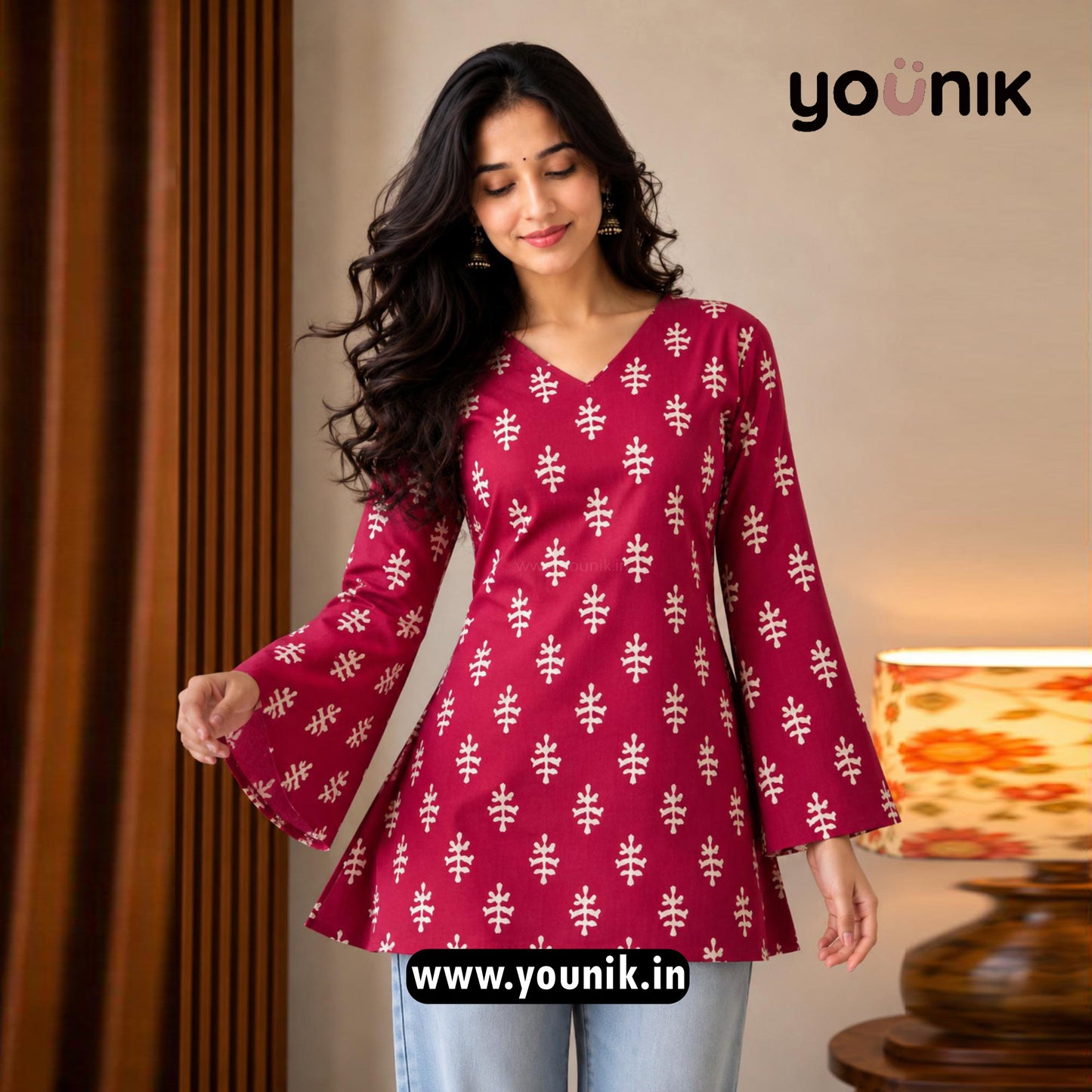 Maroon Matif Printed Corset Back Bell Sleeve Short Kurti