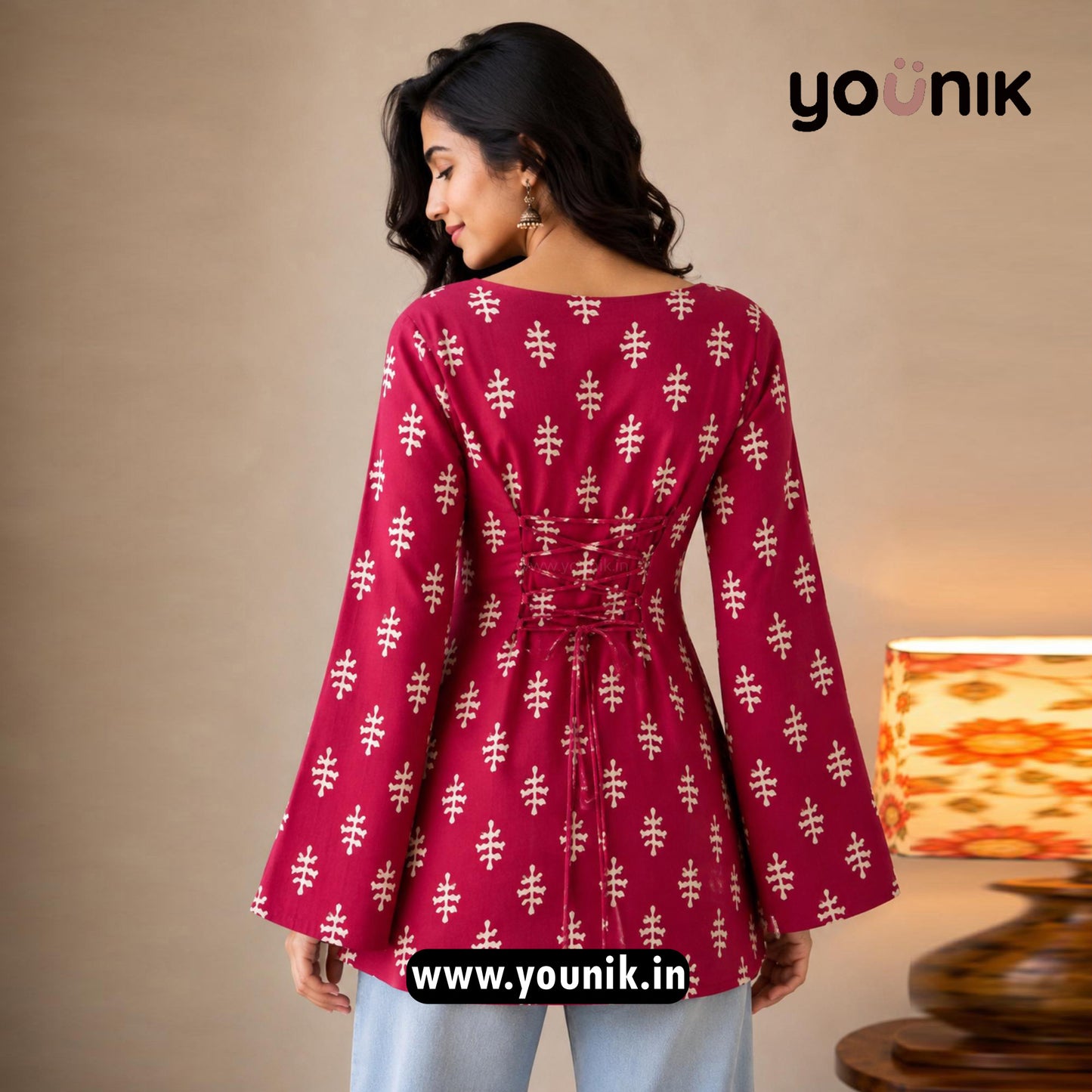 Maroon Matif Printed Corset Back Bell Sleeve Short Kurti