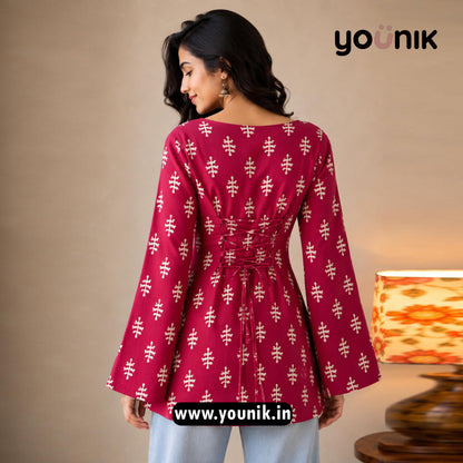 Maroon Matif Printed Corset Back Bell Sleeve Short Kurti