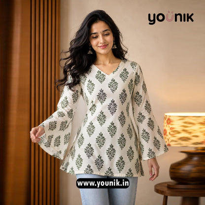 White And Olive Floral Printed Corset Back Bell Sleeve Short Kurti