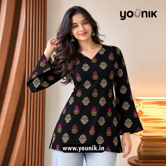 Black Floral Motif Printed Corset Back Bell Sleeve Short Kurti