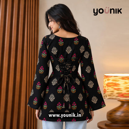 Black Floral Motif Printed Corset Back Bell Sleeve Short Kurti