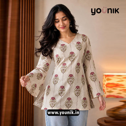 Beige Floral Printed Corset Back Bell Sleeve Short Kurti