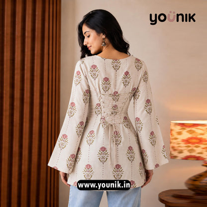 Beige Floral Printed Corset Back Bell Sleeve Short Kurti