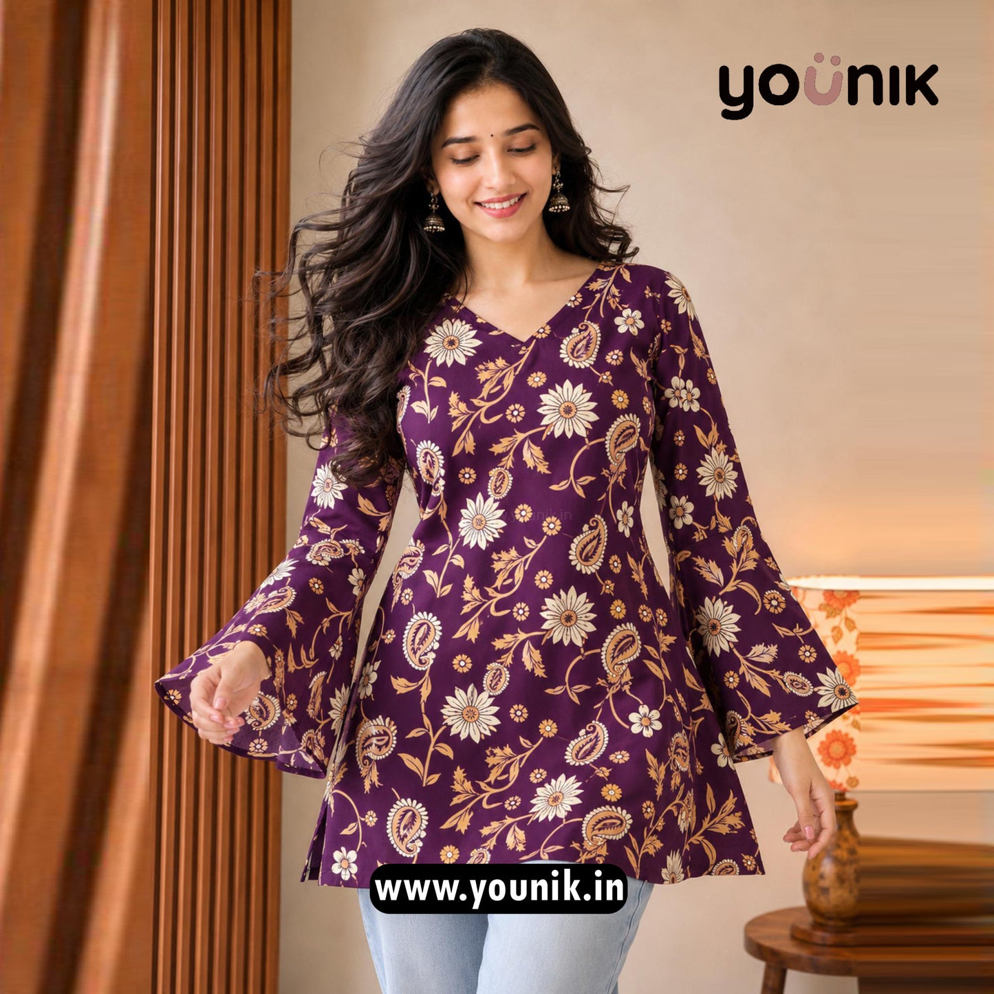 Purple All Over Floral Printed Corset Back Bell Sleeve Short Kurti