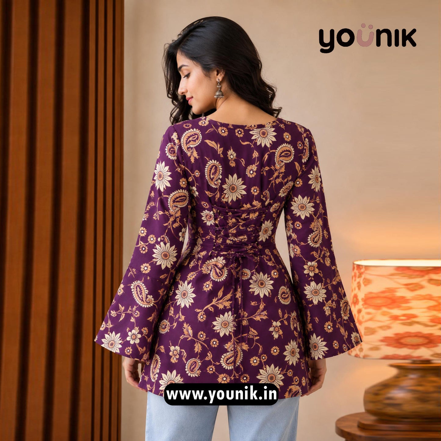 Purple All Over Floral Printed Corset Back Bell Sleeve Short Kurti