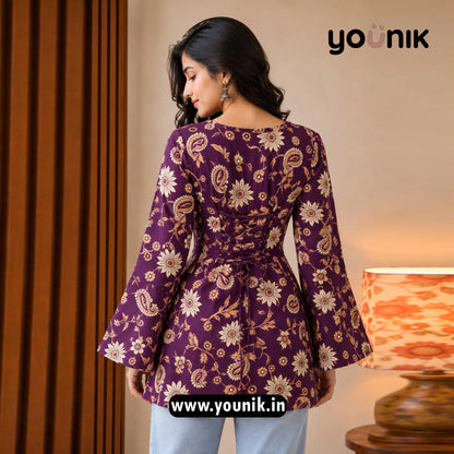 Purple All Over Floral Printed Corset Back Bell Sleeve Short Kurti
