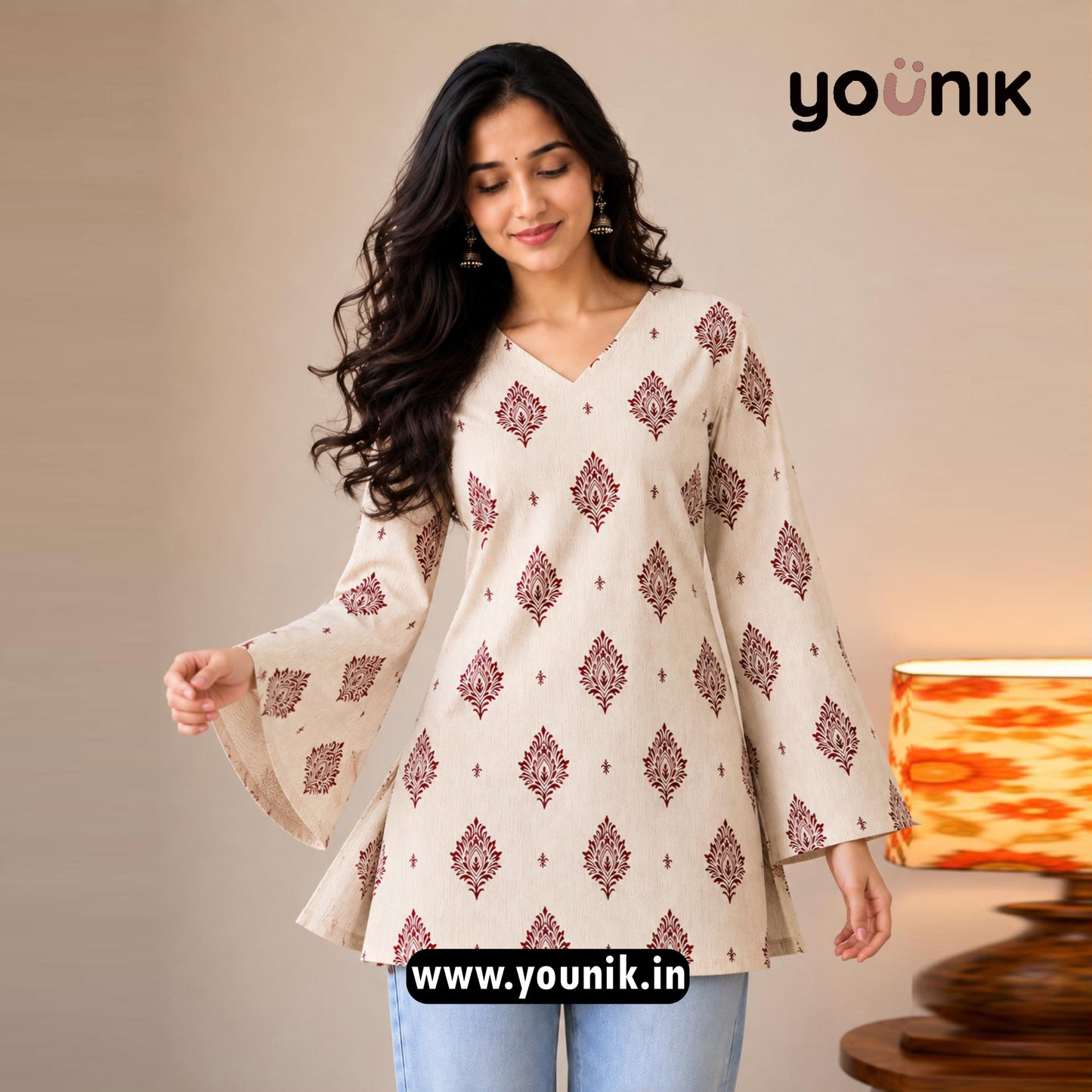 Beige And Maroon Floral Printed Corset Back Bell Sleeve Short Kurti