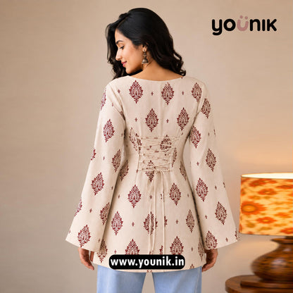 Beige And Maroon Floral Printed Corset Back Bell Sleeve Short Kurti
