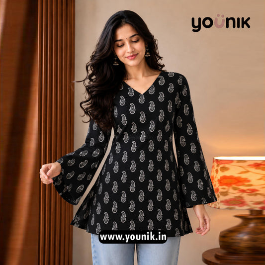 Black Paisley Printed Corset Back Bell Sleeve Short Kurti
