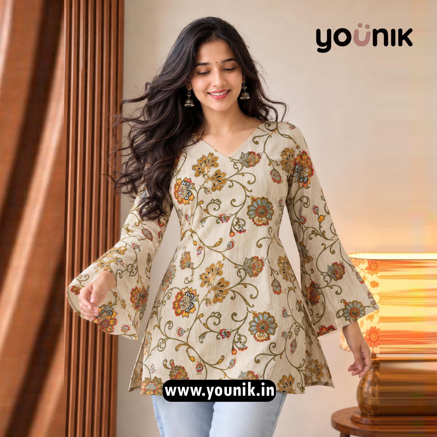 Beige And Yellow All Over Printed Corset Back Bell Sleeve Short Kurti
