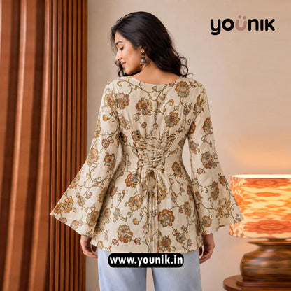 Beige And Yellow All Over Printed Corset Back Bell Sleeve Short Kurti