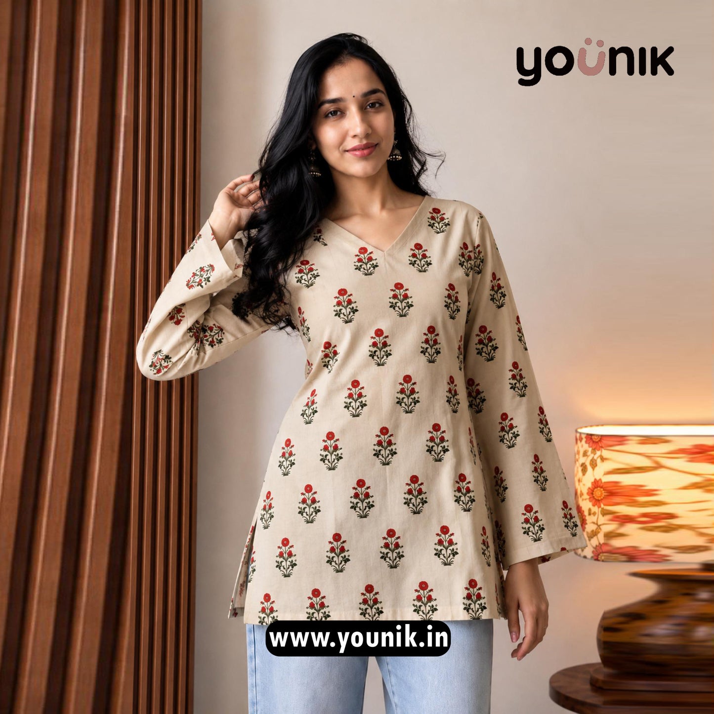 Cream And Red Floral Printed Corset Back Bell Sleeve Short Kurti