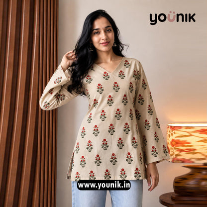 Cream And Red Floral Printed Corset Back Bell Sleeve Short Kurti