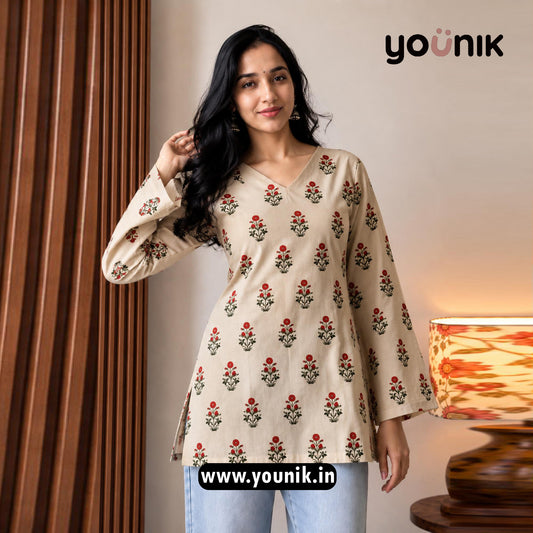 Cream And Red Floral Printed Corset Back Bell Sleeve Short Kurti