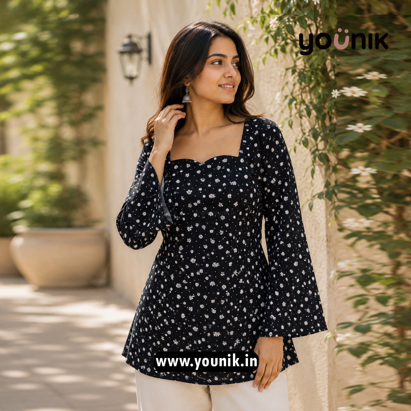 Black Floral Printed Bell Sleeve Short Kurti