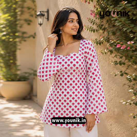 White And Pink Floral Printed Bell Sleeve Short Kurti