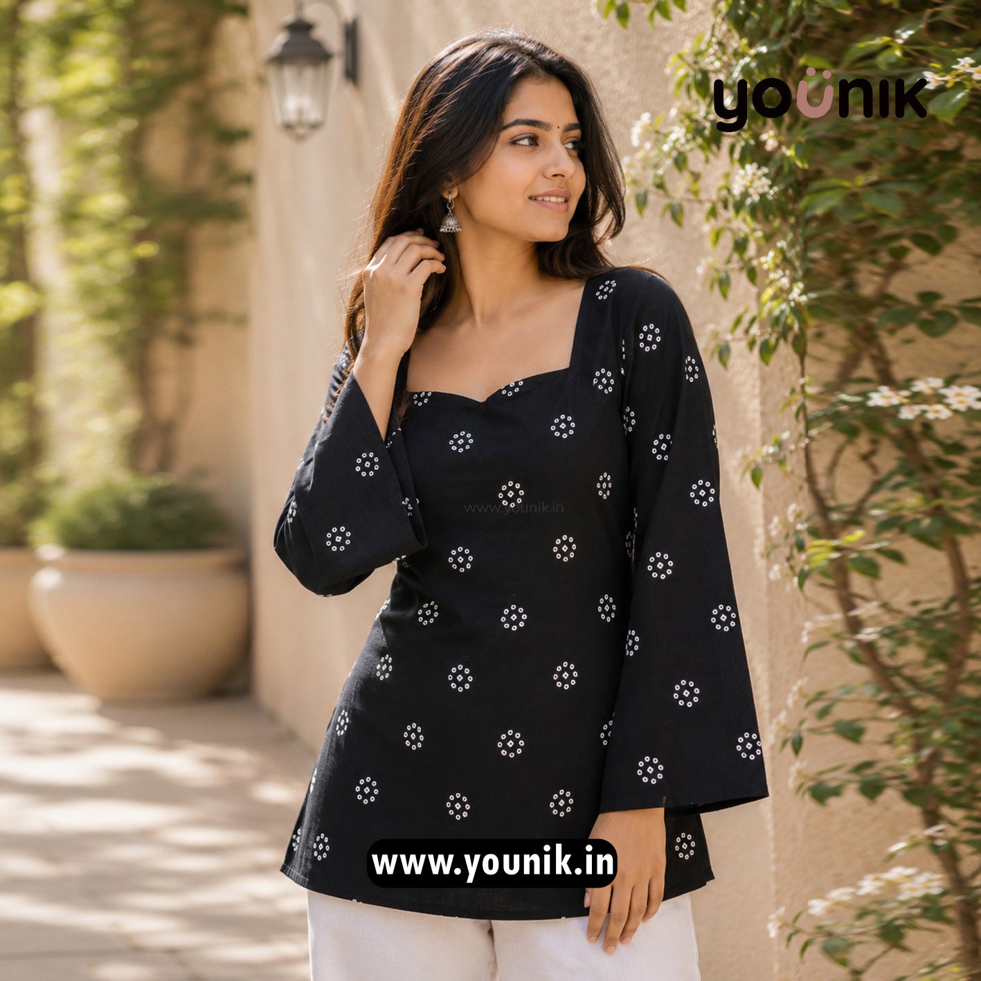 Black Bandhni Printed Bell Sleeve Short Kurti