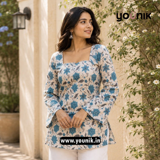 Sky Blue And White Floral Printed Bell Sleeve Short Kurtis