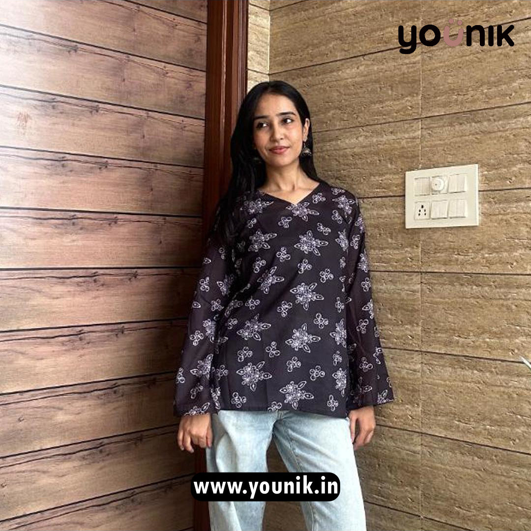 Ink Black And White Floral Short Kurti