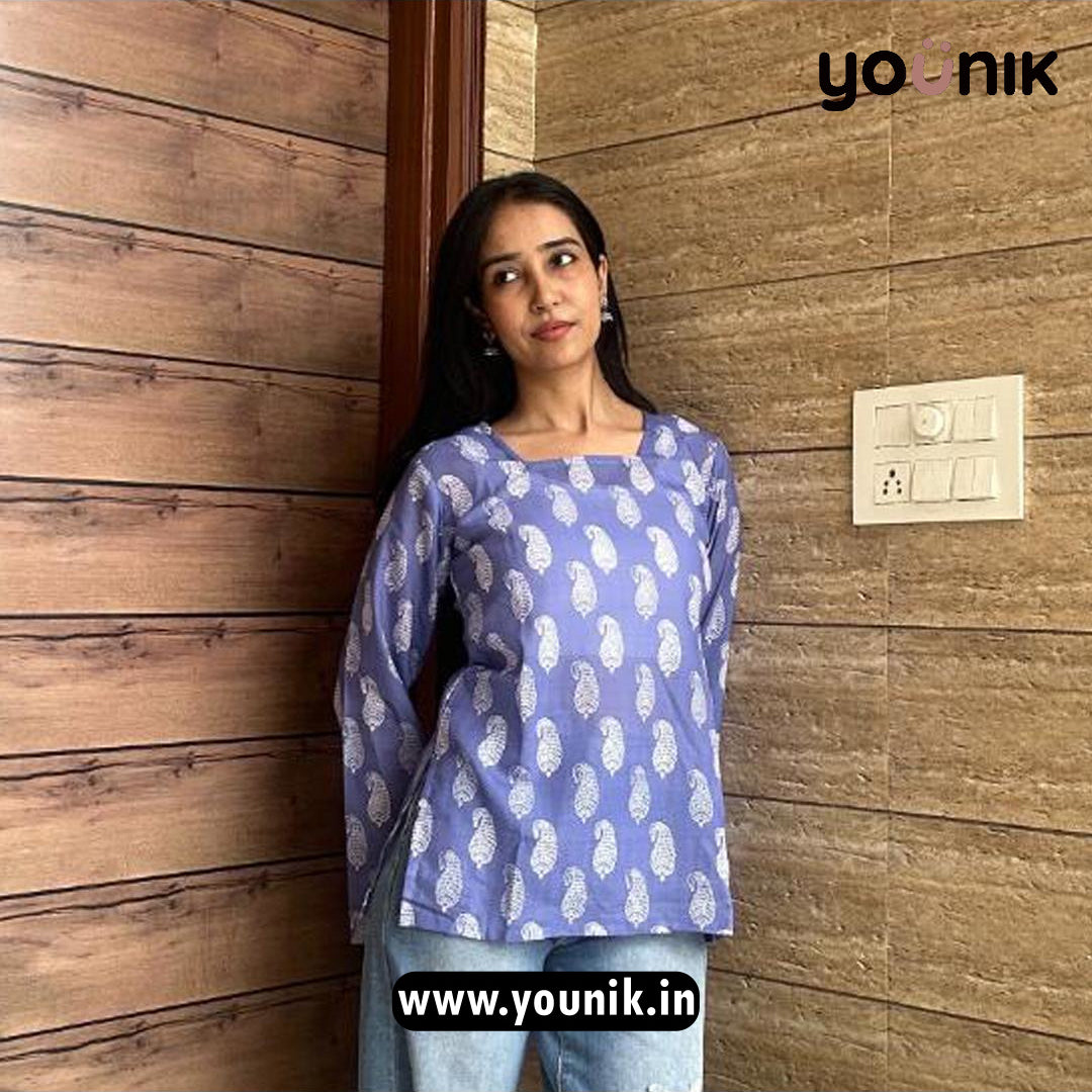 Ocean Blue And White Short Kurtis