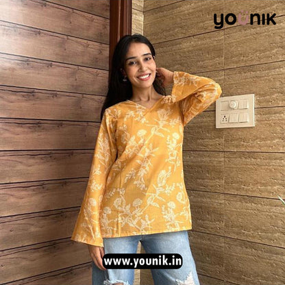 Rust Yellow Floral Short Kurti