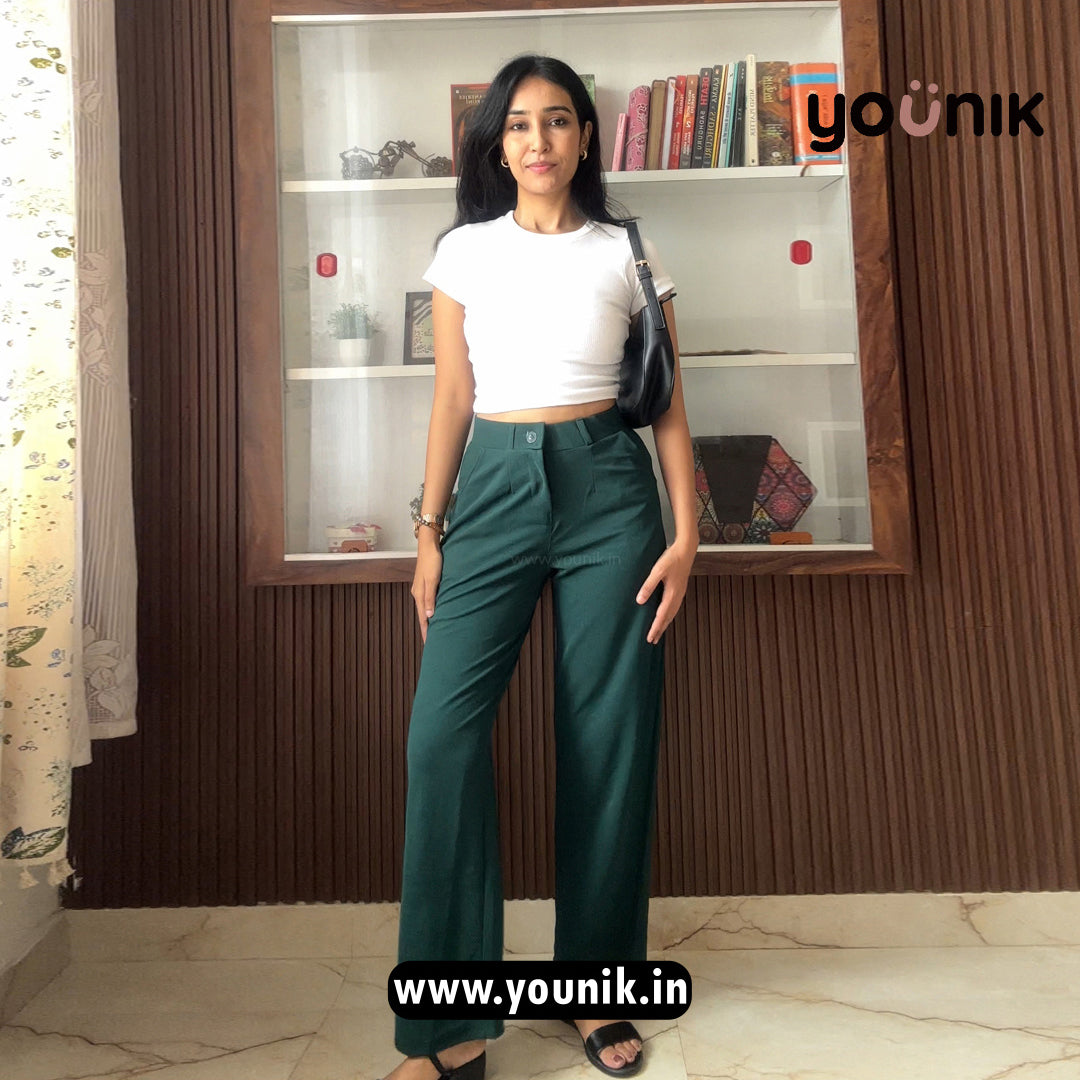 Solid Dark Green Flared Emerald High-Waist Trouser